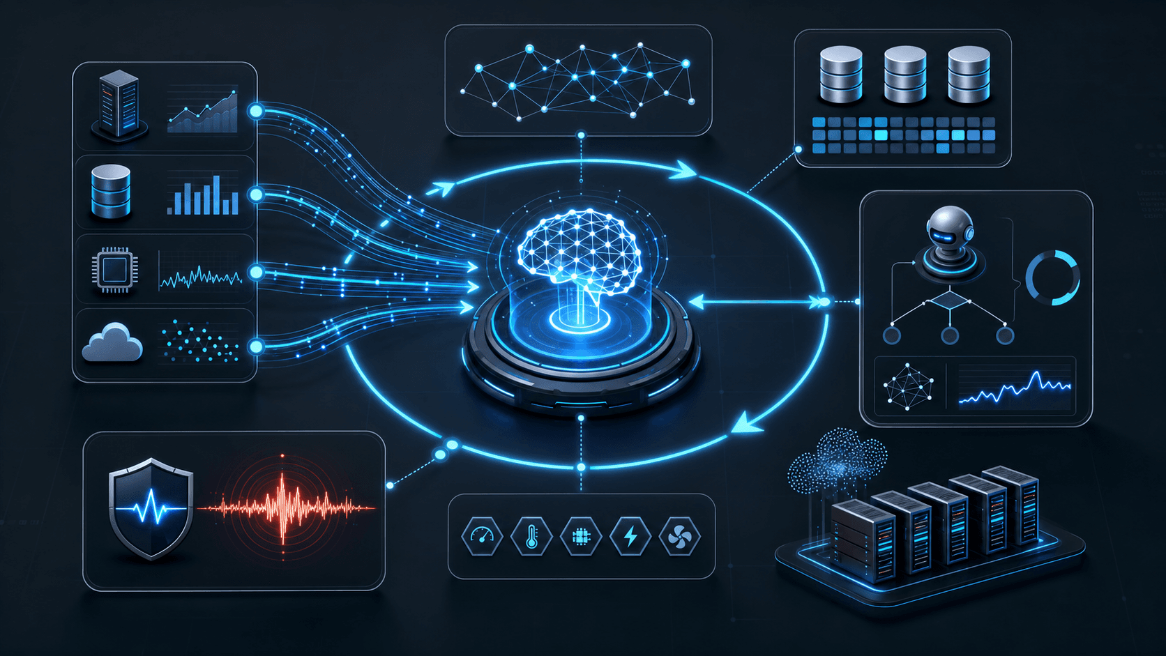 Abstract quantum systems diagram with particles and connected modules